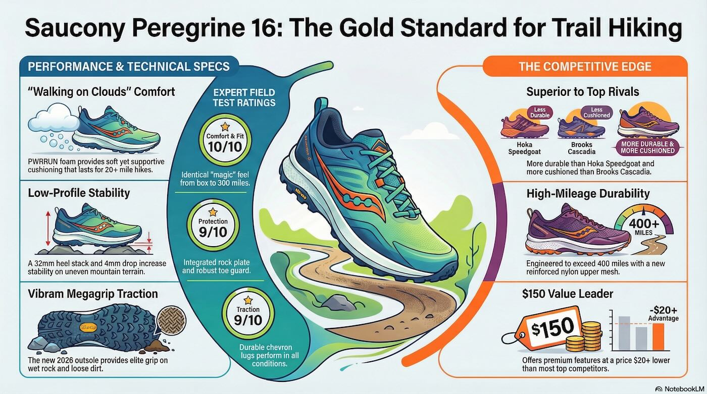 saucony peregrine 16 trail running shoe - infographic