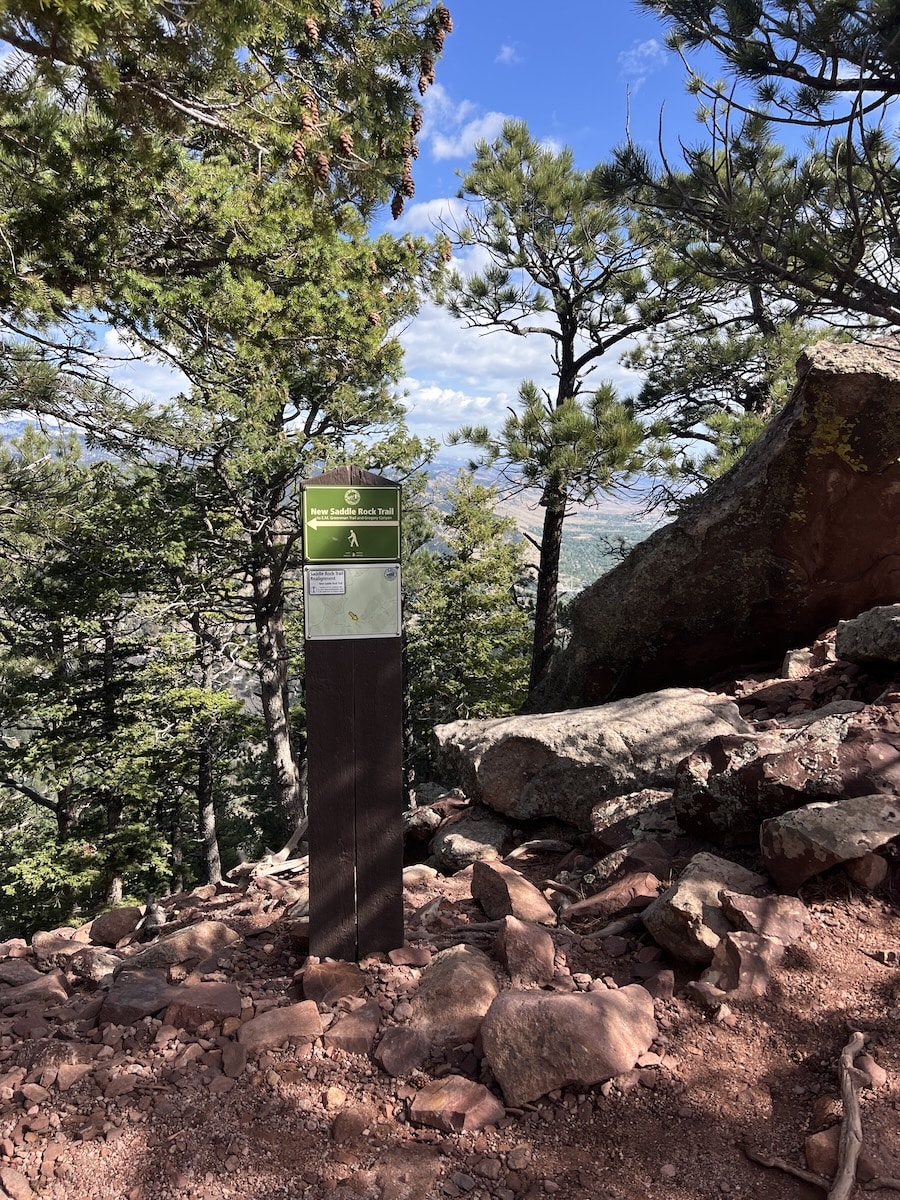 New Saddle Rock Trail Sign top of 1st:2nd Flatiron Trail in Boulder Colorado